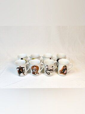 Vintage Set of 8 Norman Rockwell Gold Rim Coffee Cups Mugs